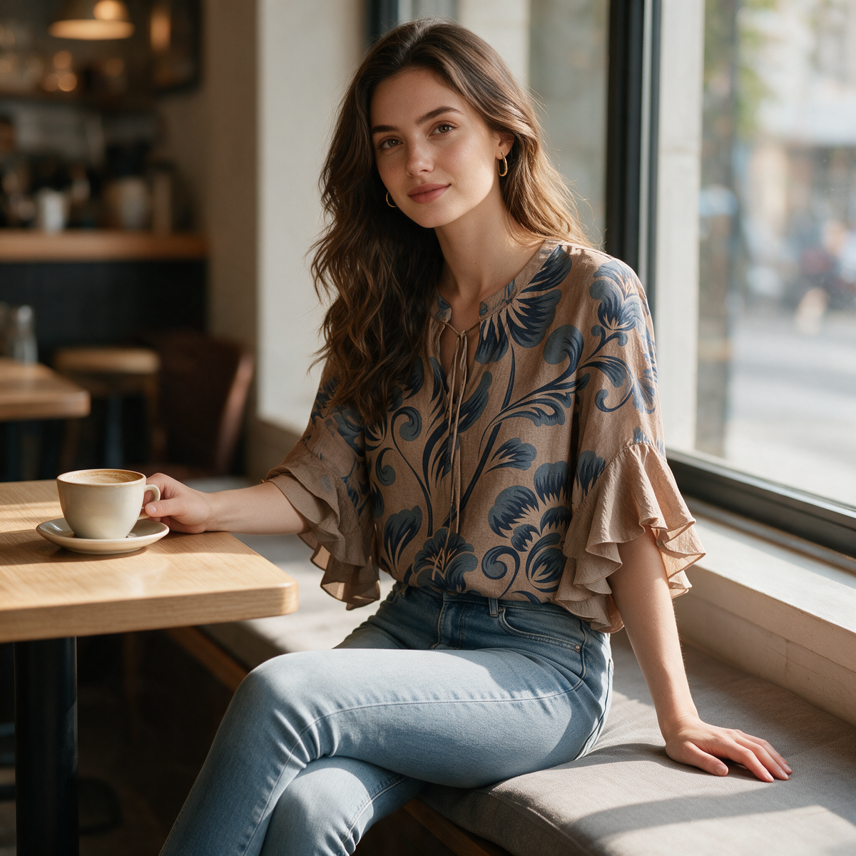 Model wearing the light brown Janessa blouse at a cafe window seat