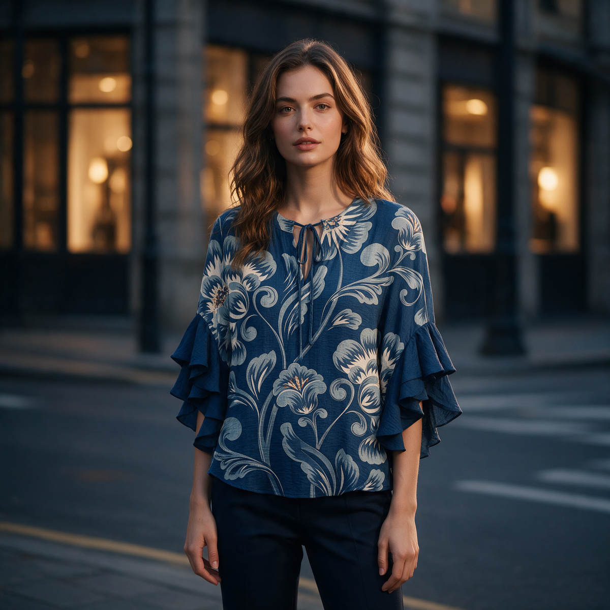 Model wearing the dark blue Janessa blouse on a dusk city street
