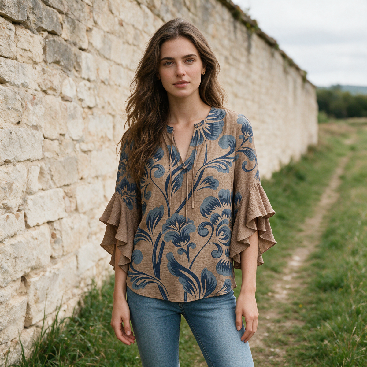 Model wearing the light brown Janessa blouse on a countryside path