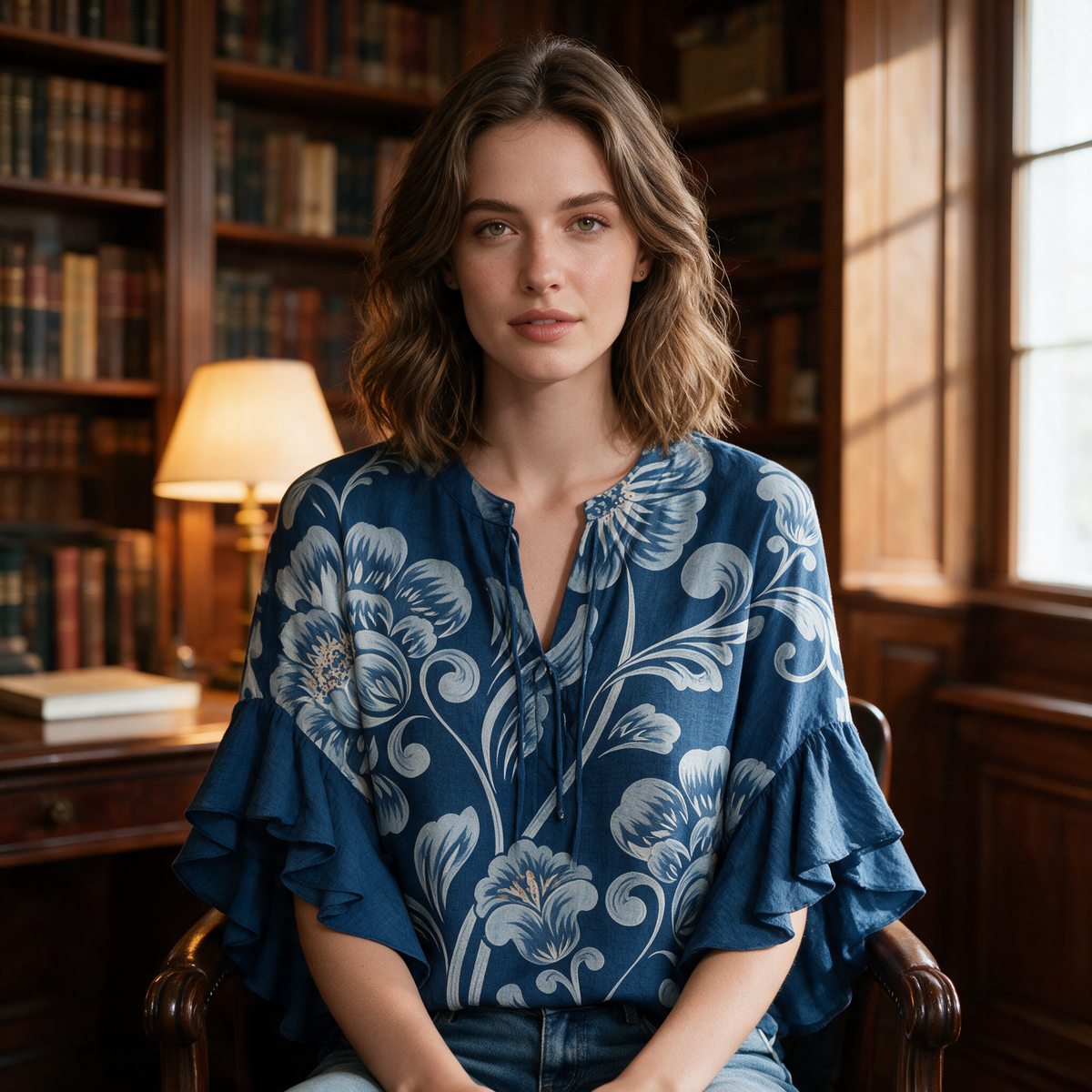 Model wearing the dark blue Janessa blouse in a wood-panelled study