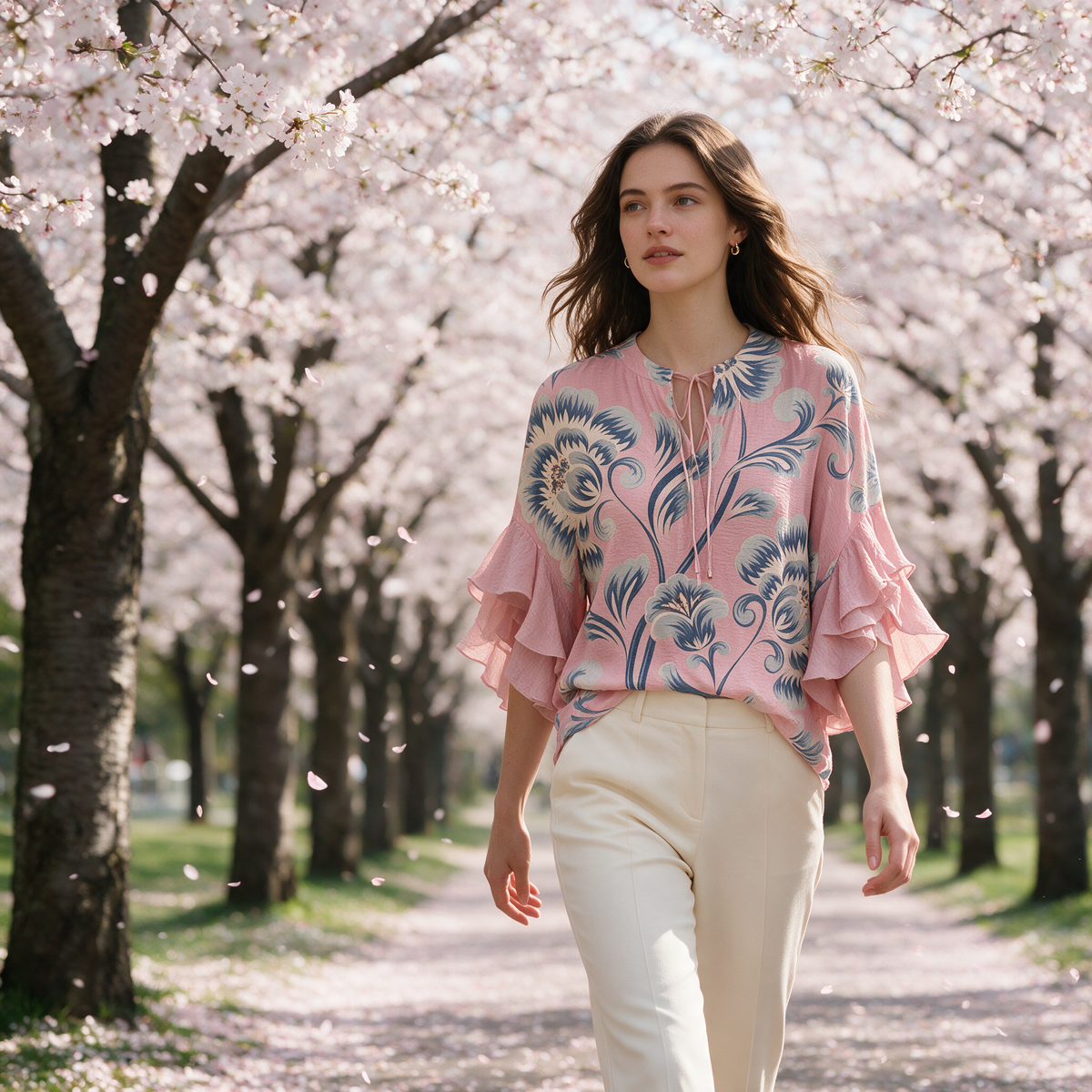 Model wearing the pink Janessa blouse under blossoming cherry trees