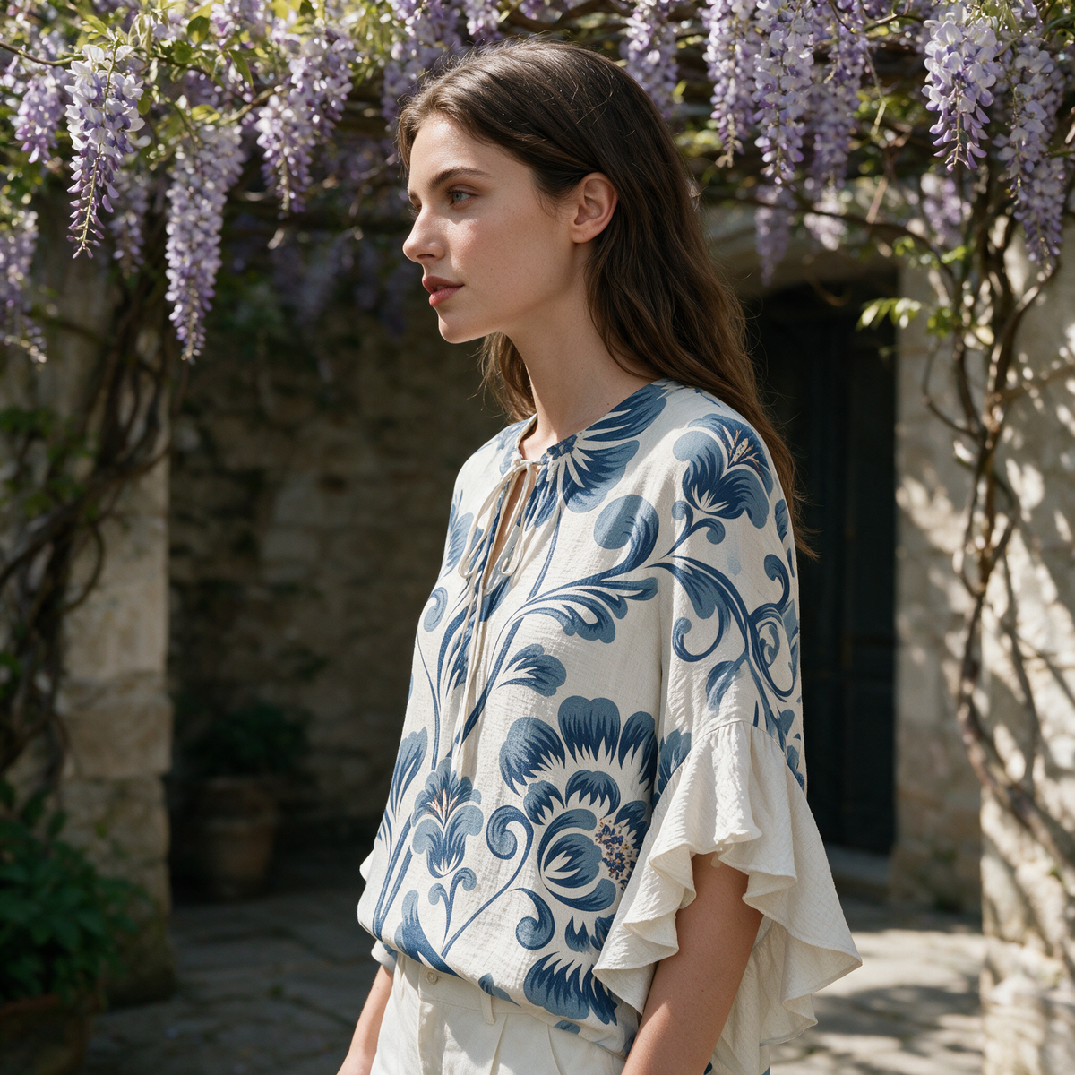 Model wearing the floral blue Janessa blouse in a wisteria courtyard