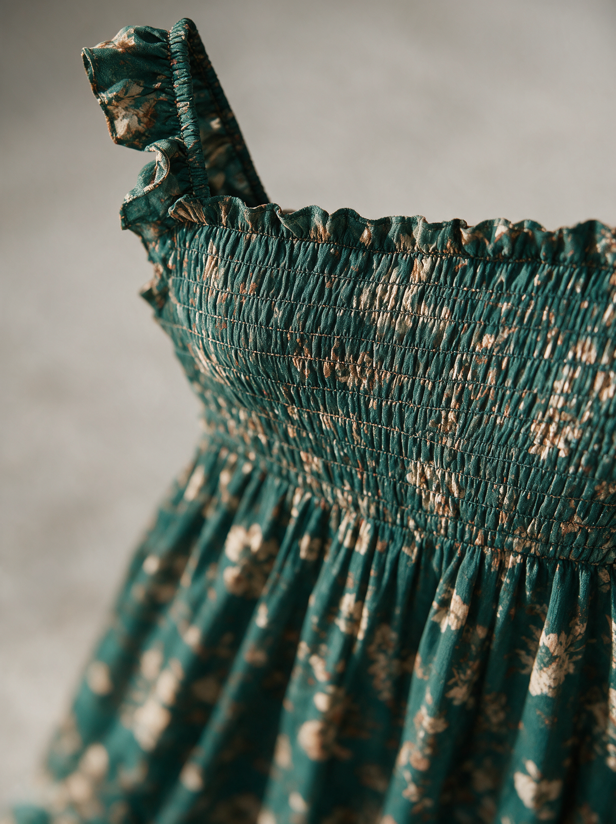 Smocked bodice and ruffle strap detail of the Ophelia dress