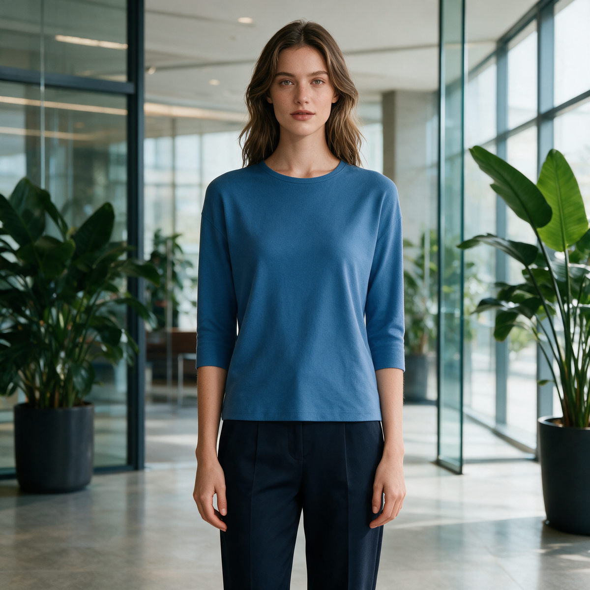 Model wearing the blue Lucienne top in an office lobby