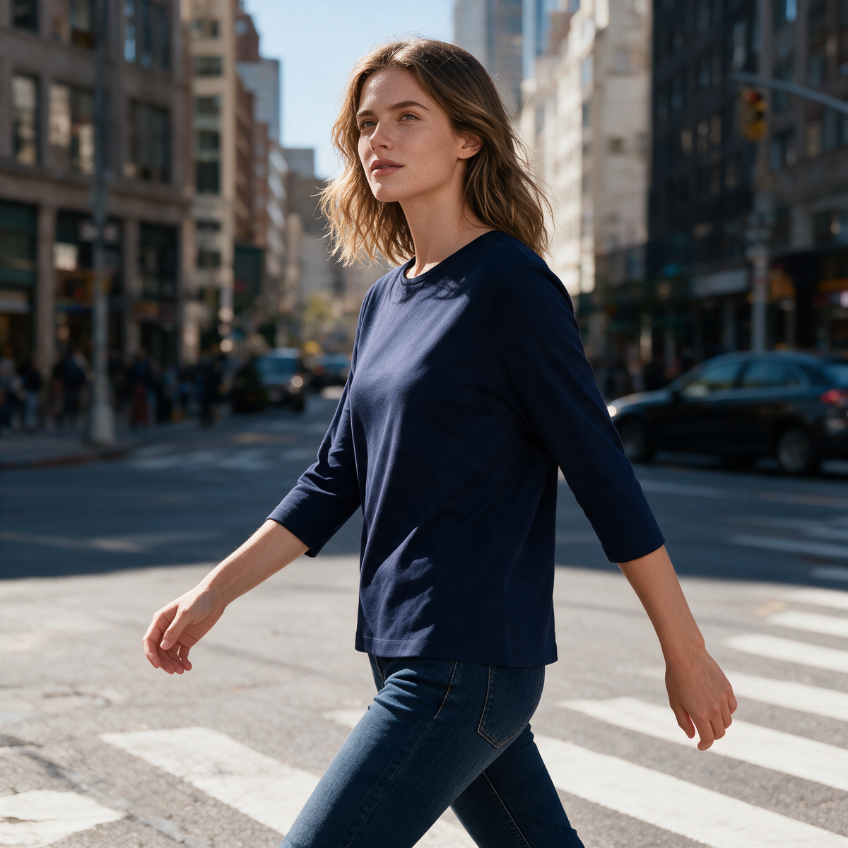 Model wearing the blue Lucienne top crossing a city street