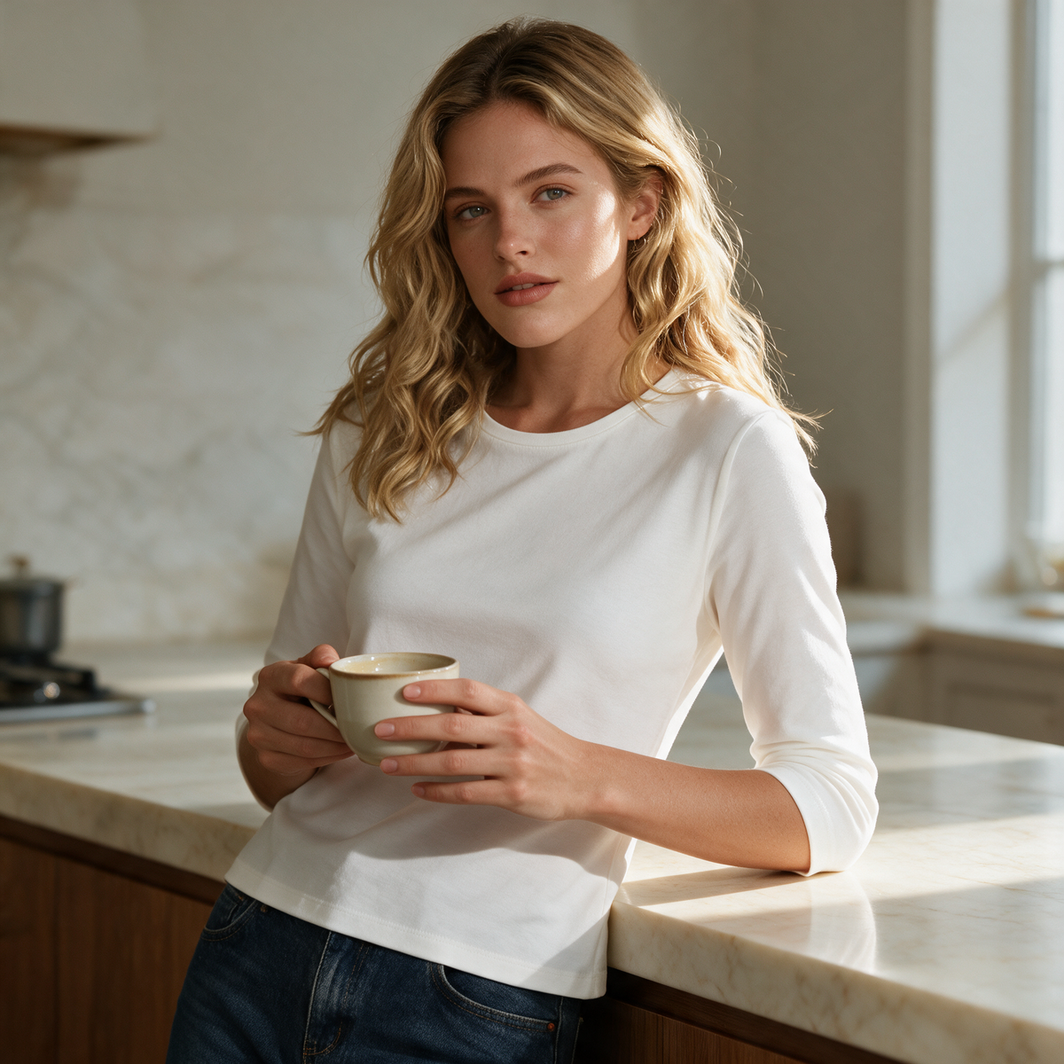 Model wearing the white Lucienne top at a marble kitchen counter