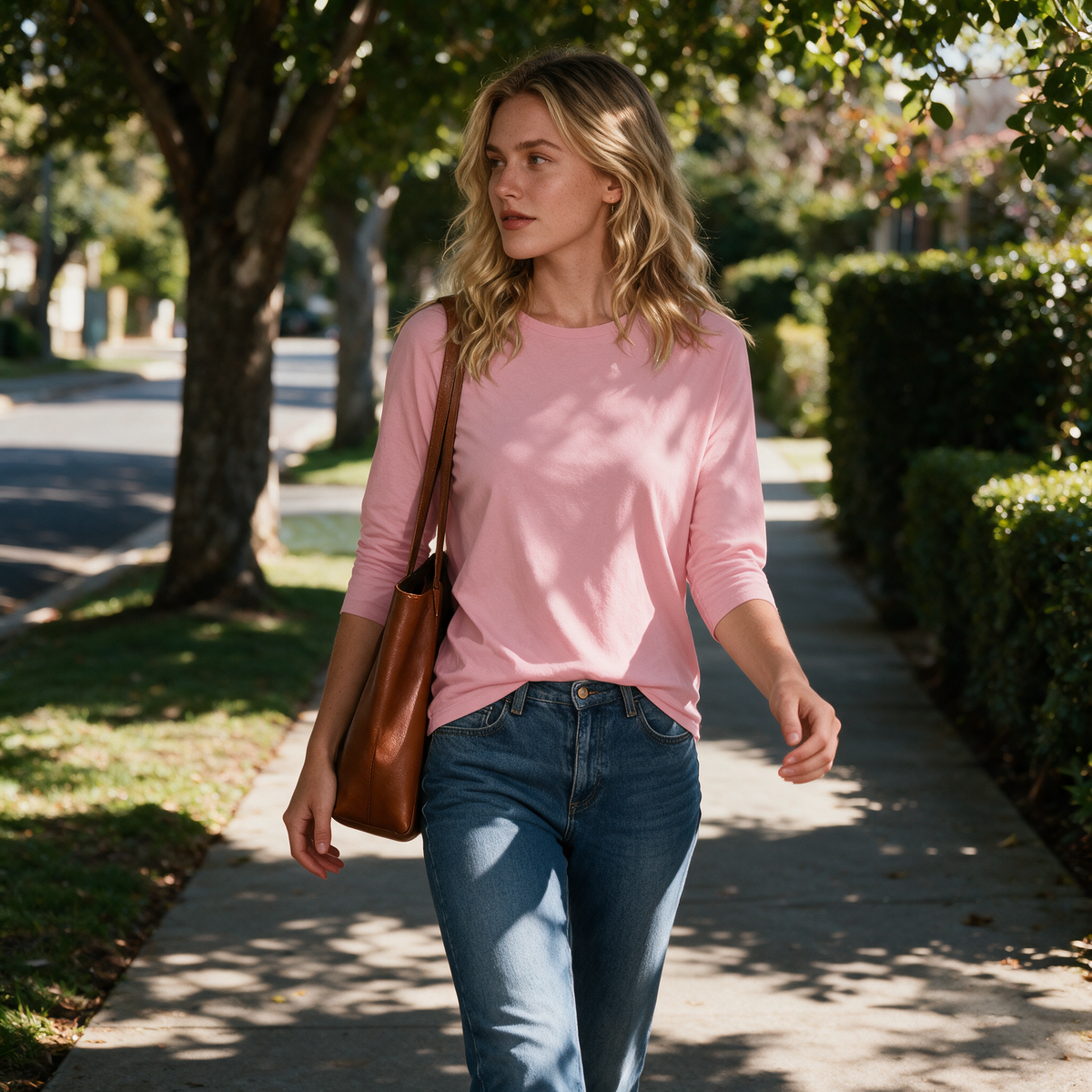 Model wearing the pink Lucienne top on a tree-lined sidewalk