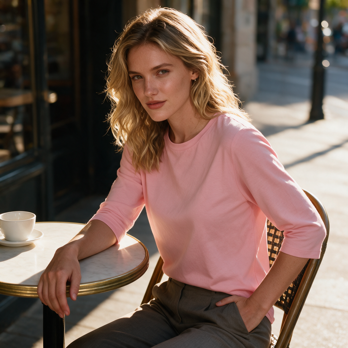 Model wearing the pink Lucienne top at a city cafe terrace