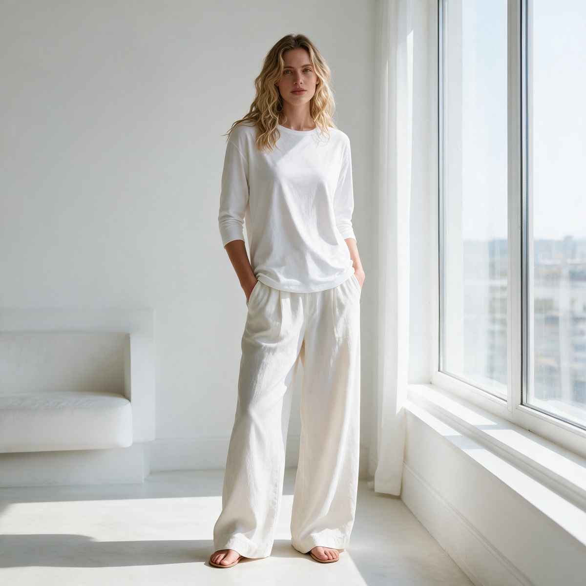 Model wearing the white Lucienne top by an apartment window