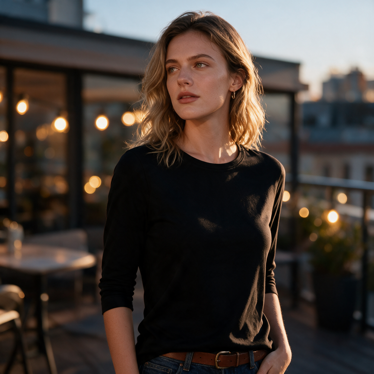 Model wearing the black Lucienne top on an evening rooftop