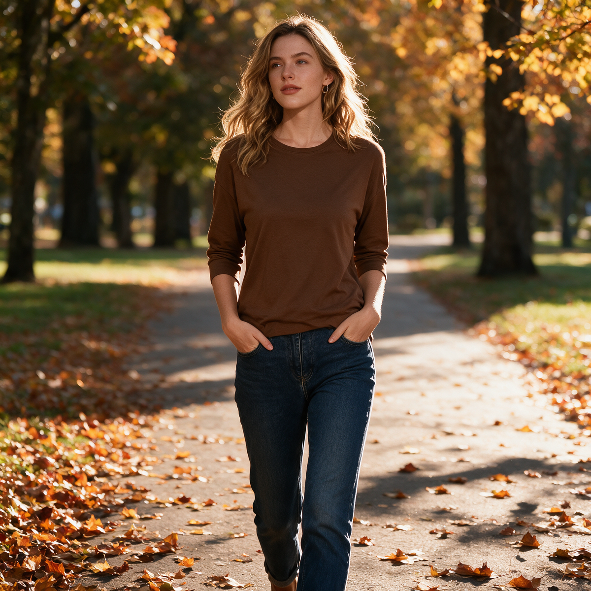 Model wearing the brown Lucienne top on an autumn park path