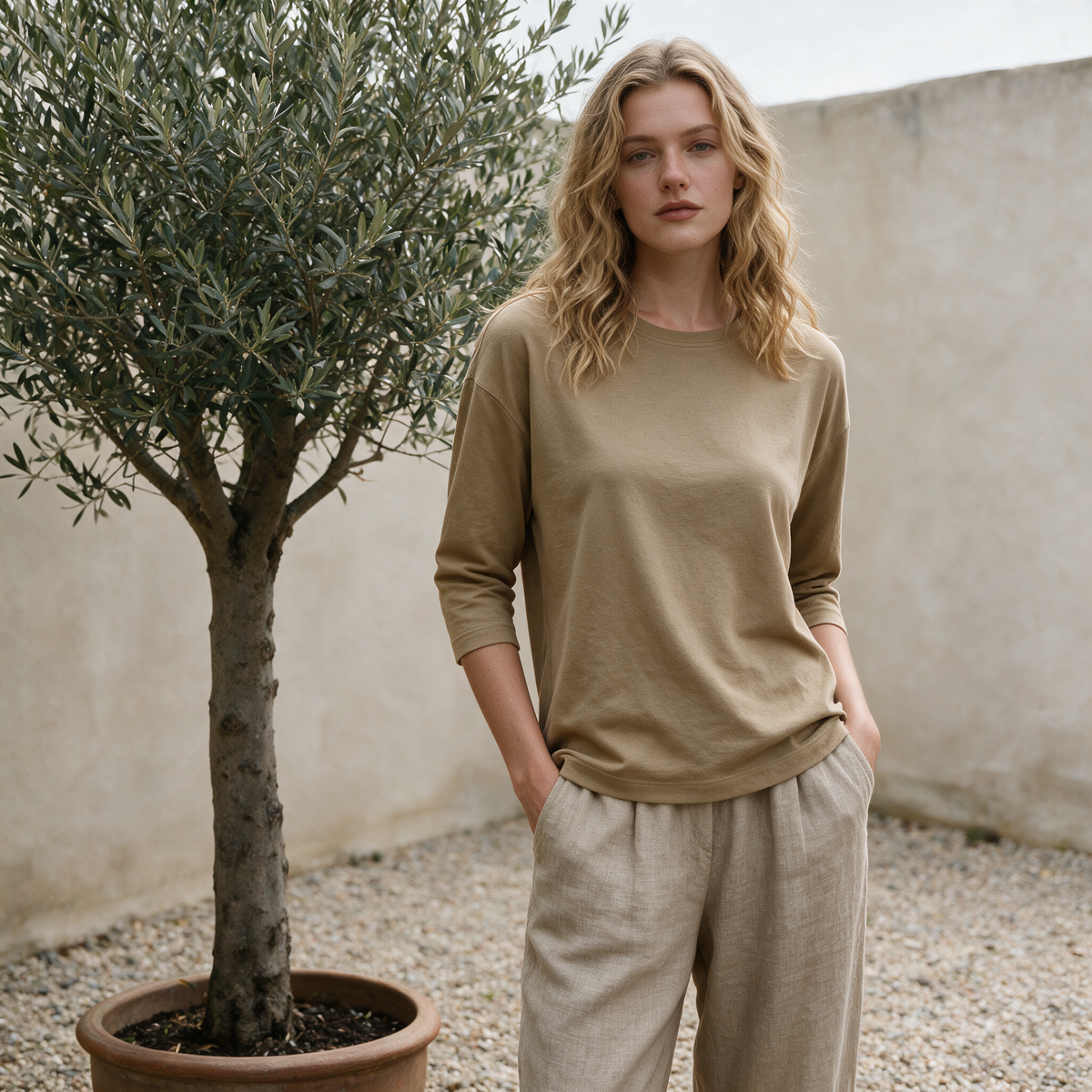 Model wearing the khaki Lucienne top in a gravel courtyard