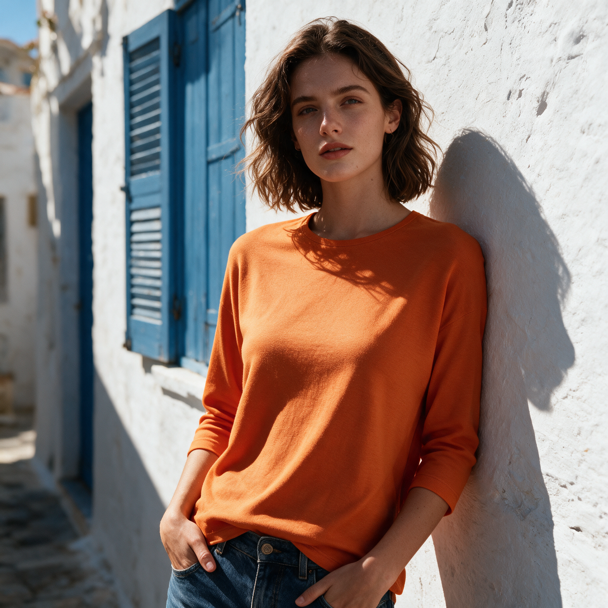 Model wearing the orange Lucienne top in a whitewashed alley
