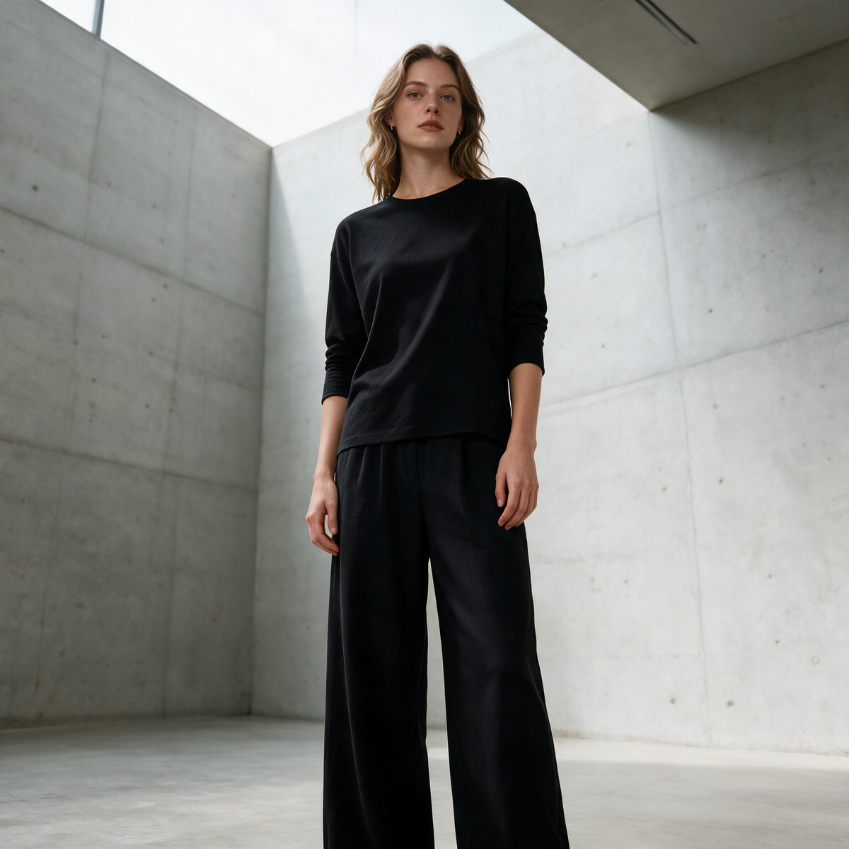 Model wearing the black Lucienne top in a concrete gallery