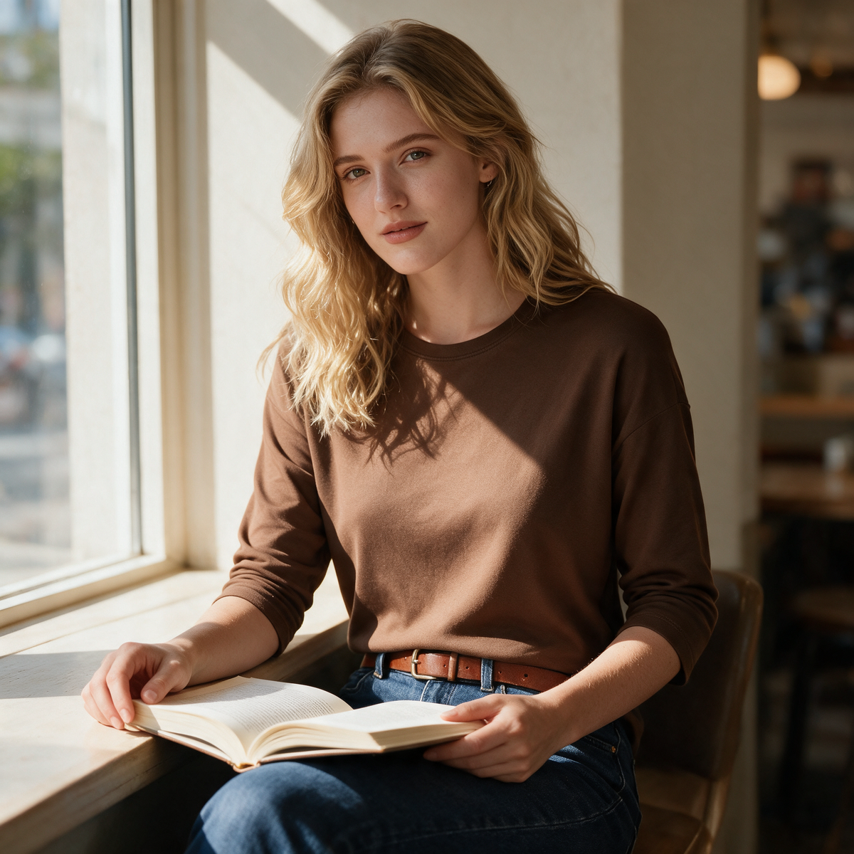 Model wearing the brown Lucienne top at a cafe window seat
