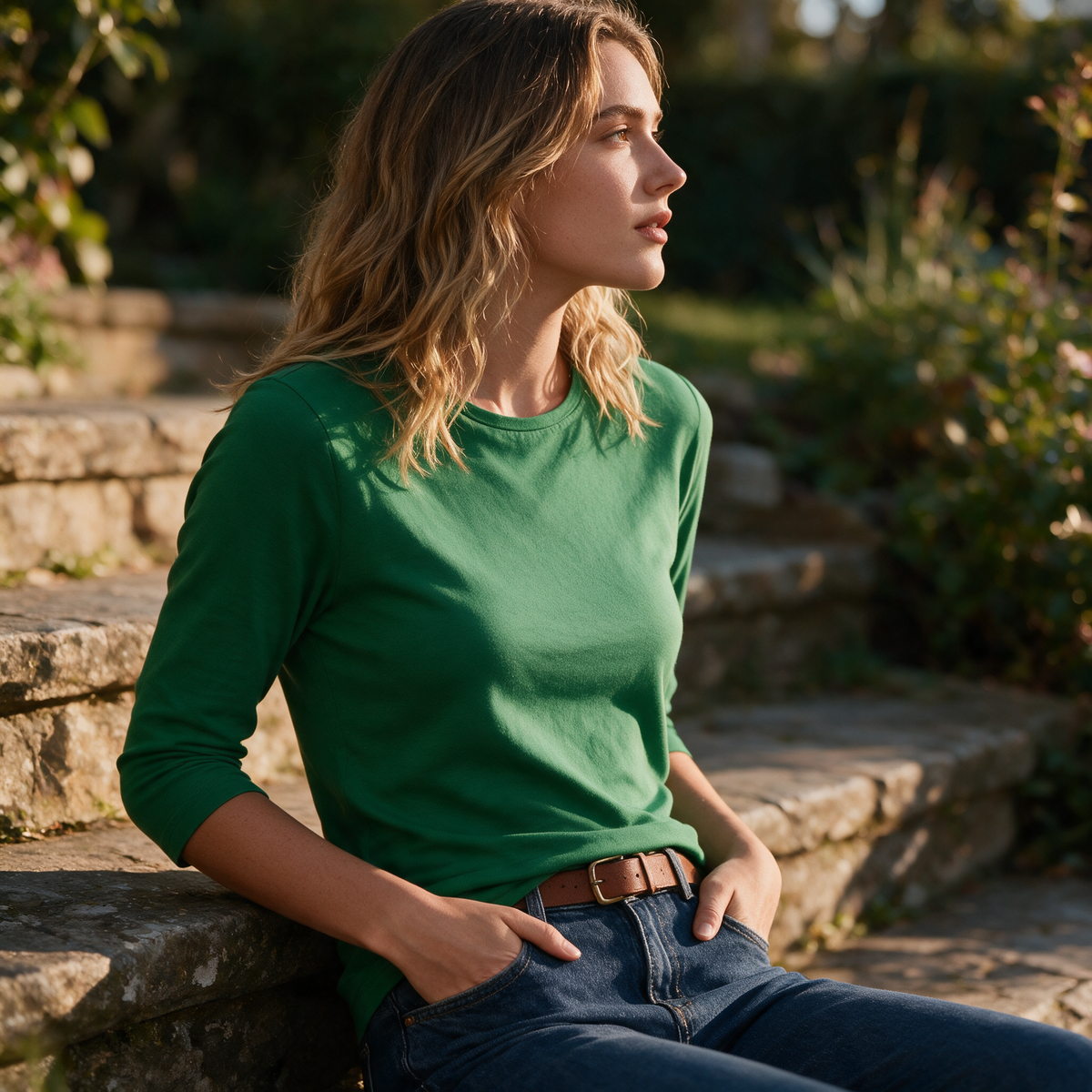 Model wearing the green Lucienne top on stone garden steps