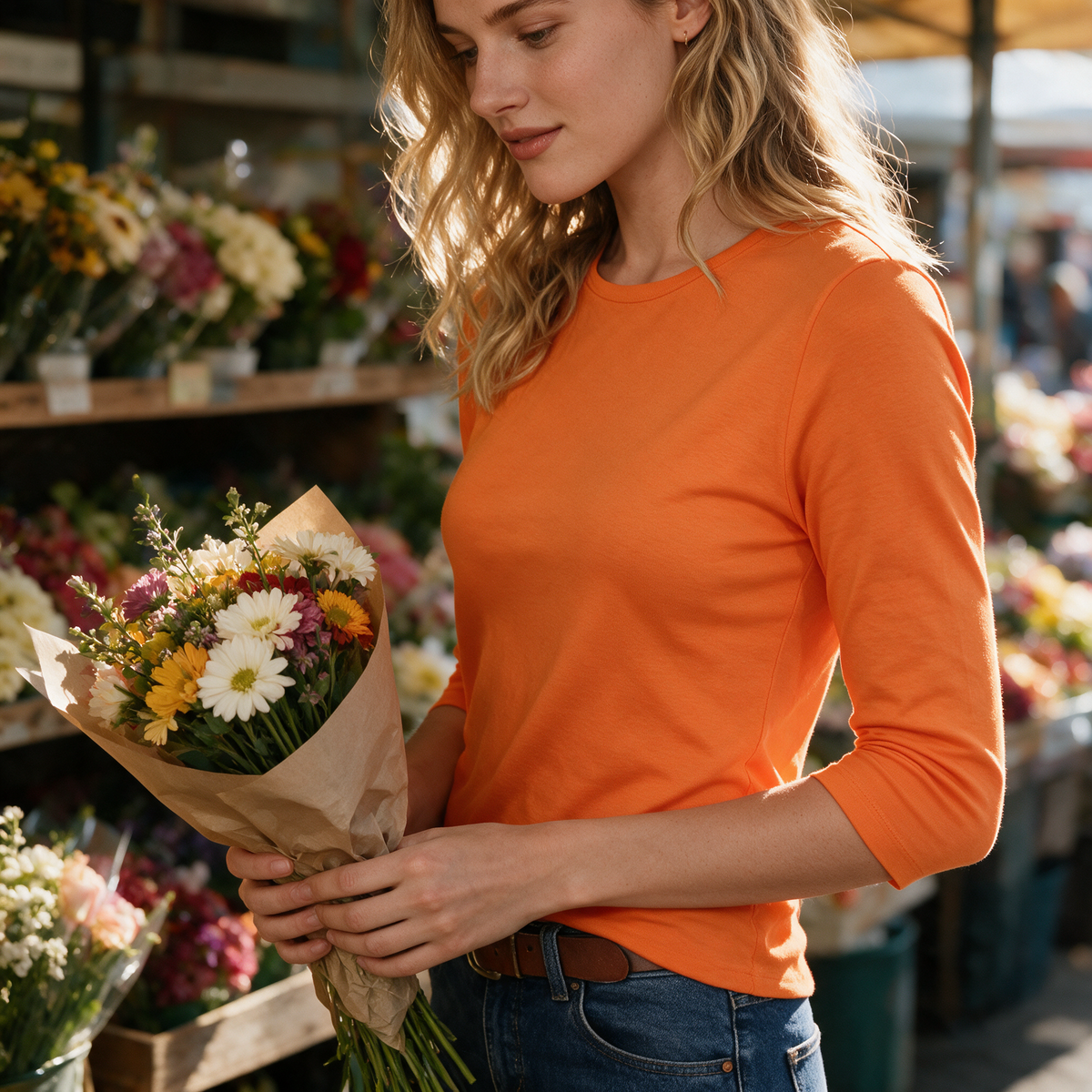Model wearing the orange Lucienne top at a flower market stall