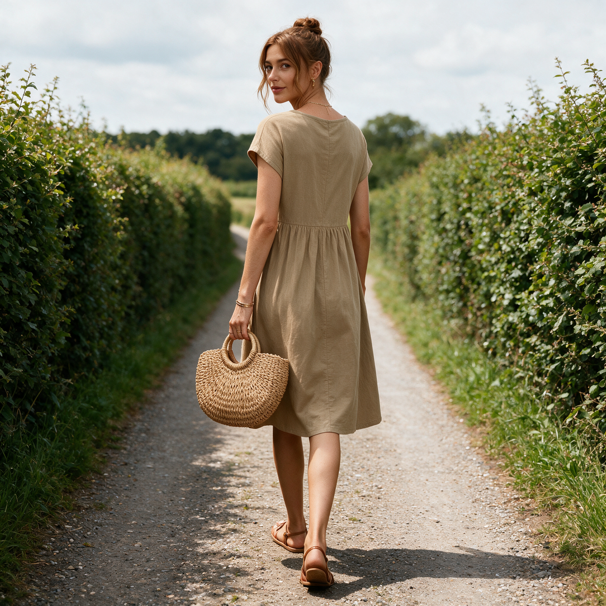 Model wearing the khaki Marguerite dress on a countryside lane