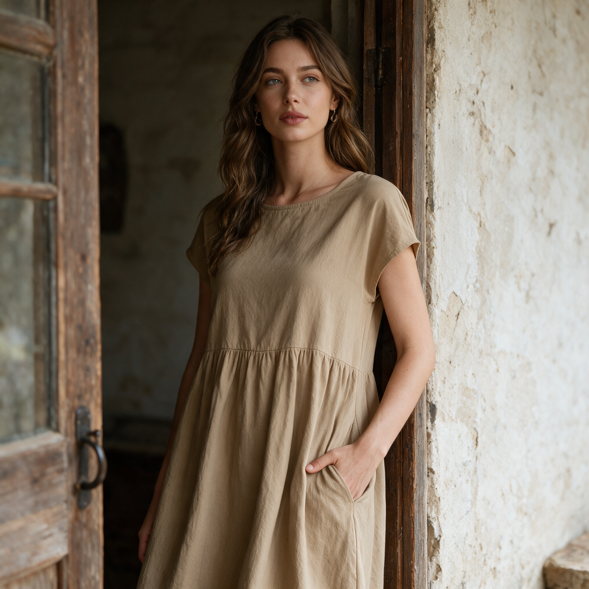 Model wearing the khaki Marguerite dress in a farmhouse doorway