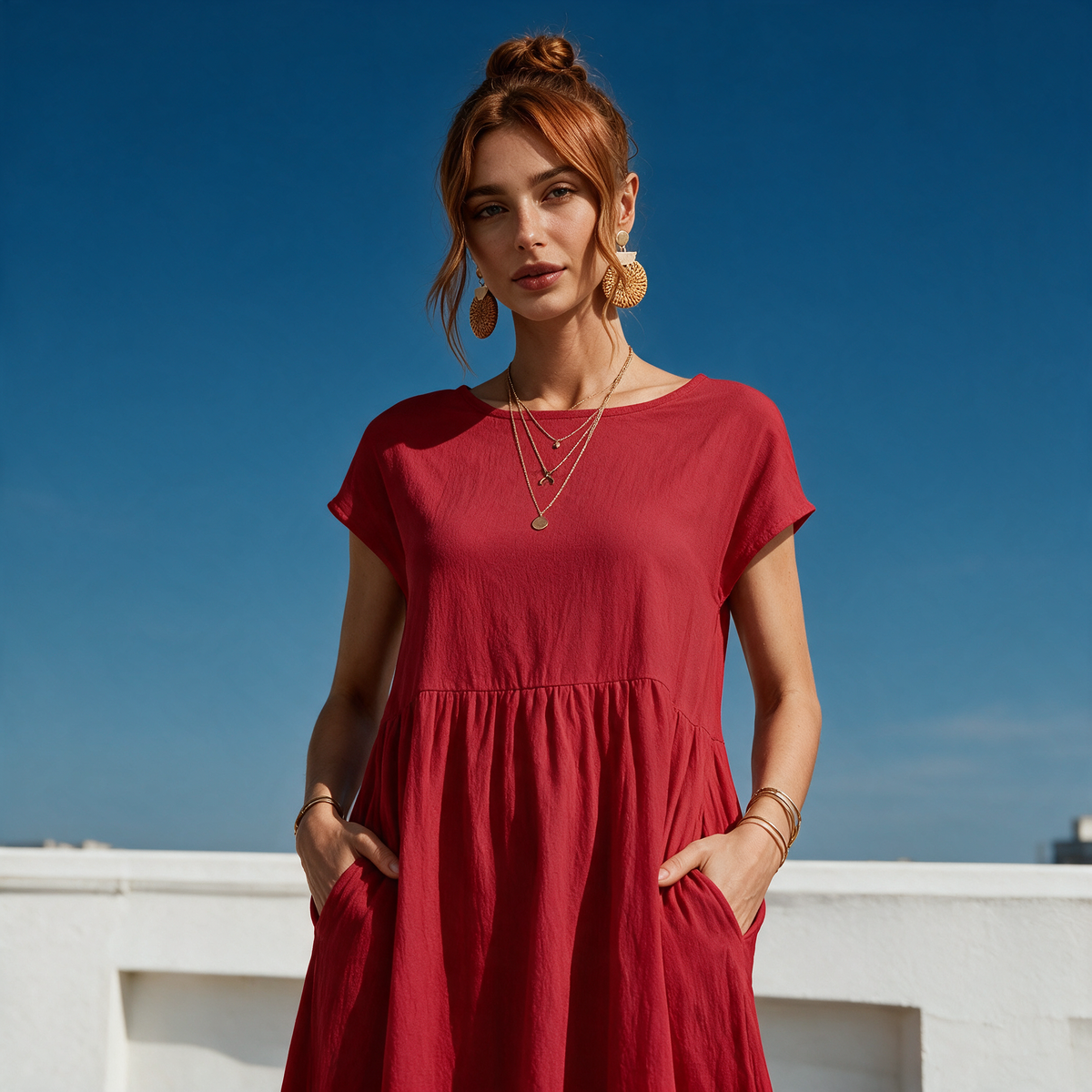 Model wearing the red Marguerite dress on a rooftop terrace