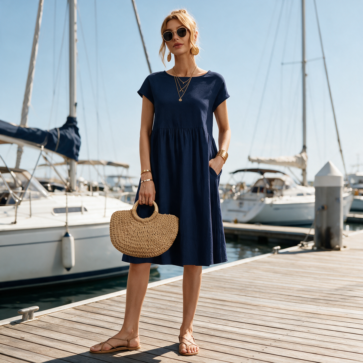 Model wearing the navy blue Marguerite dress on a marina dock
