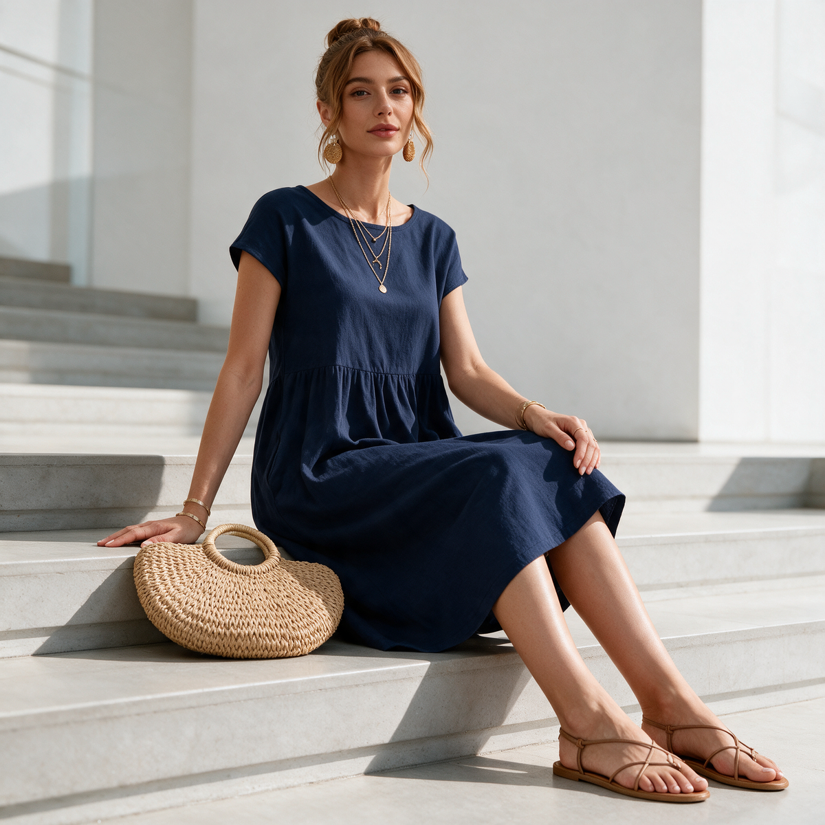 Model wearing the navy blue Marguerite dress on museum steps