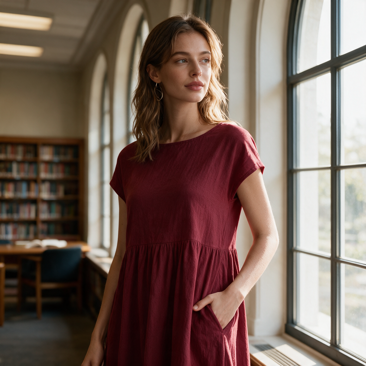 Model wearing the burgundy Marguerite dress in a library reading room