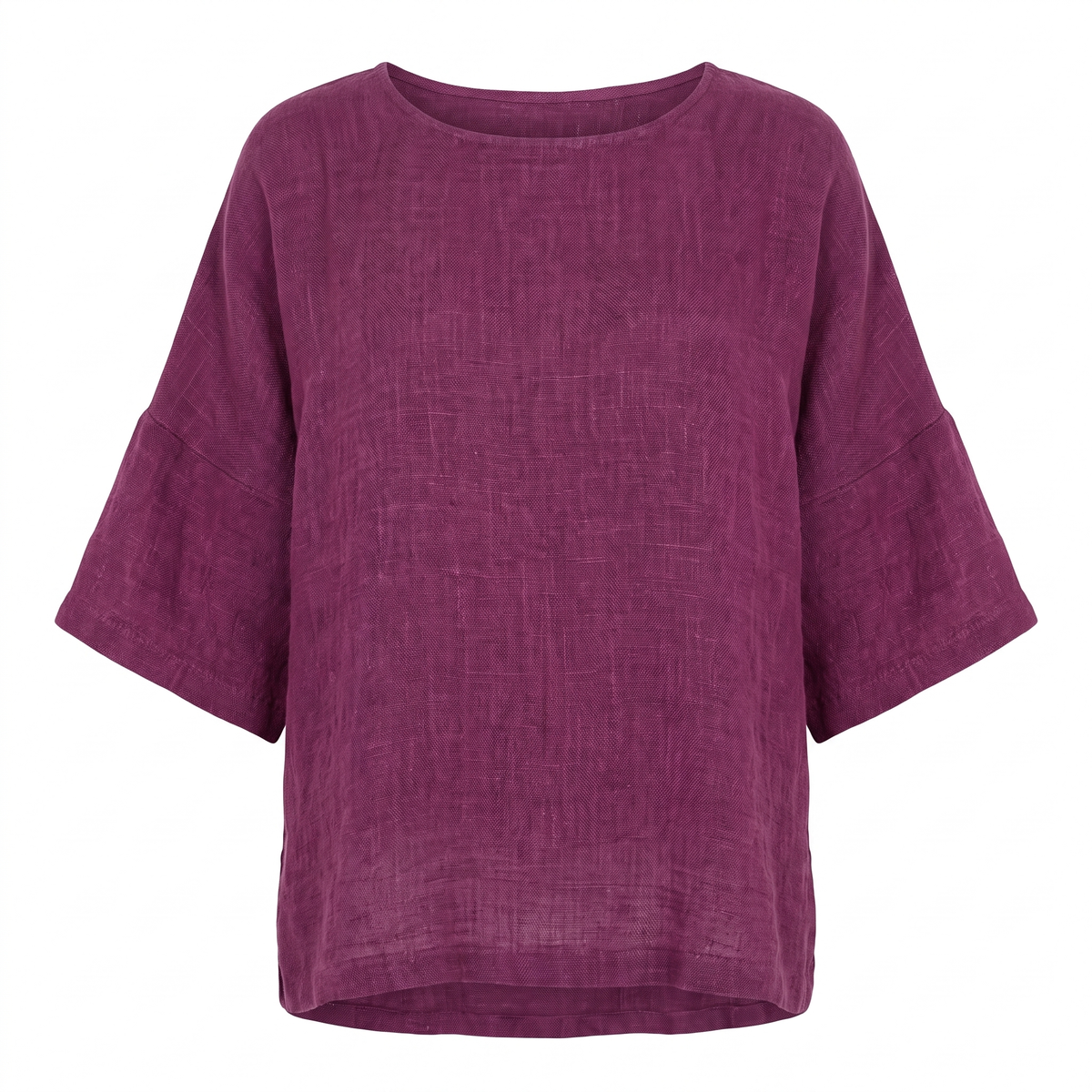 Purple oversized washed-linen blouse, white background