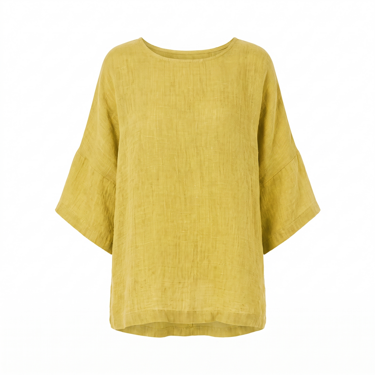 Yellow oversized washed-linen blouse, white background