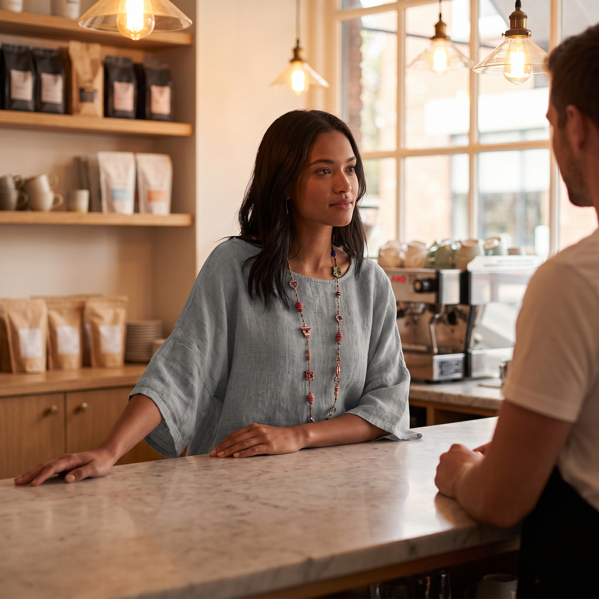 Woman at a cafe counter wearing the Grey linen blouse