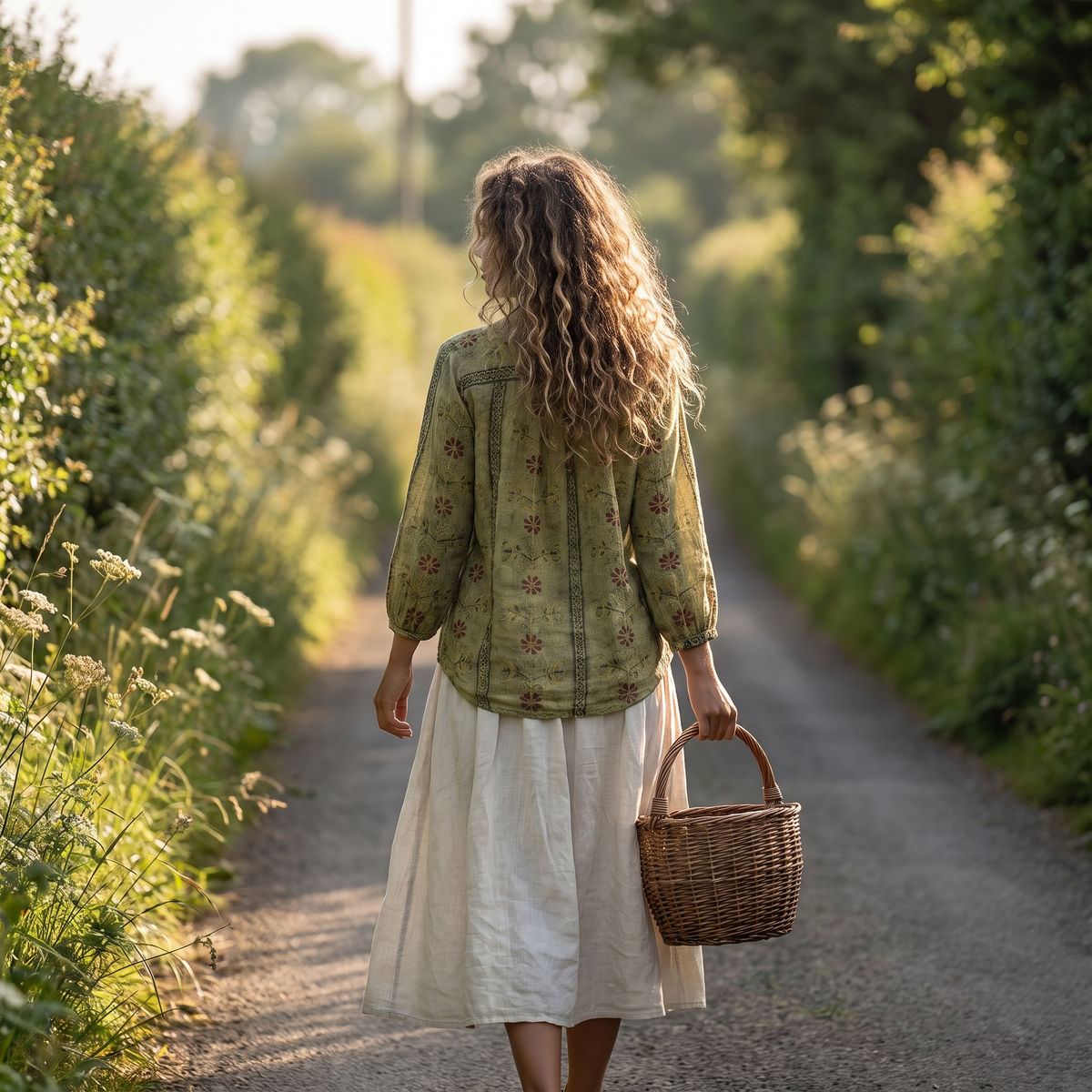 Woman on a country lane wearing the Green embroidered blouse
