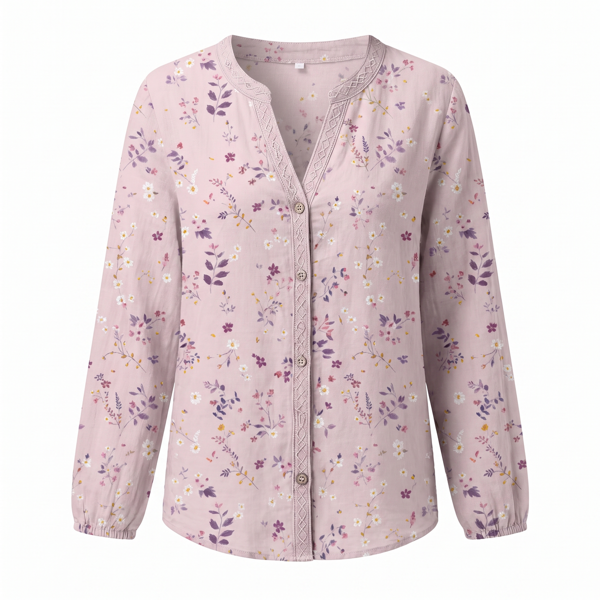 Pink embroidered V-neck blouse, white background
