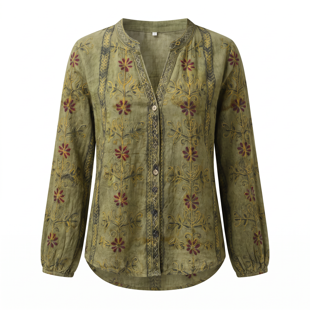 Green embroidered V-neck blouse, white background