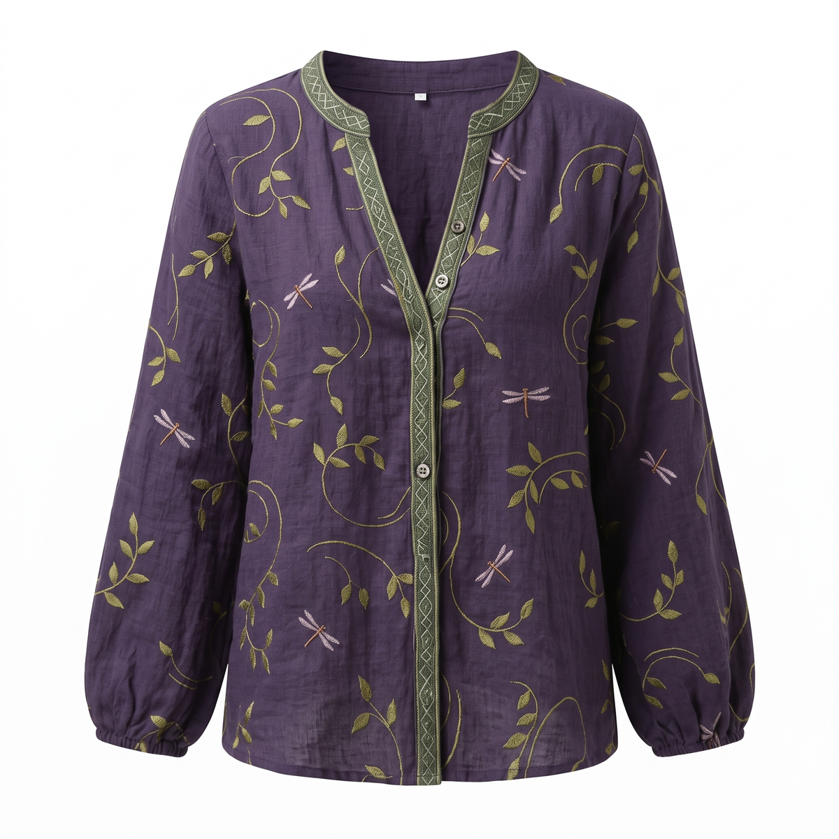 Purple embroidered V-neck blouse, white background