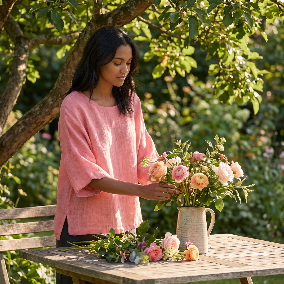 Woman at a garden table wearing the Pink linen blouse