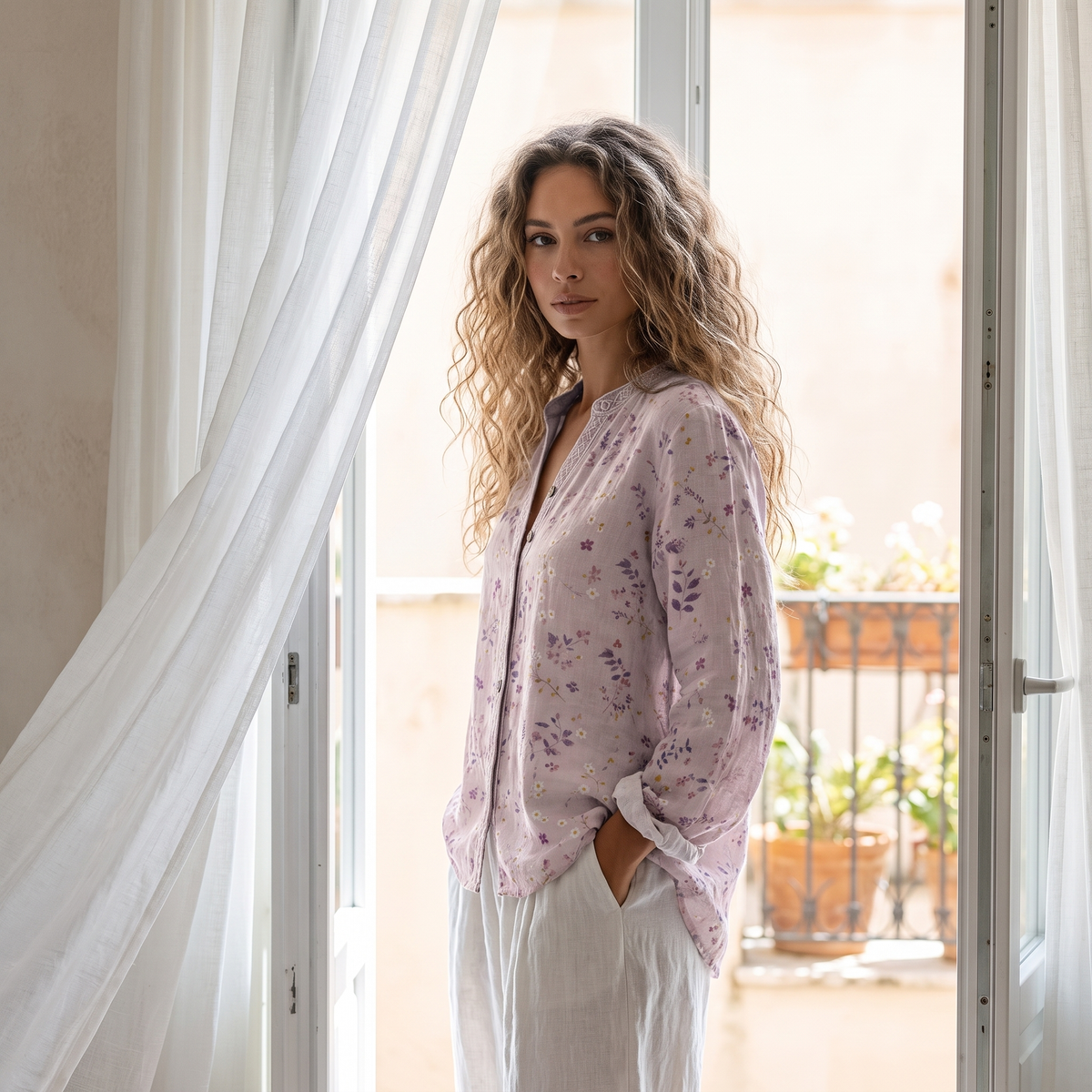 Woman at a French window wearing the Pink embroidered blouse
