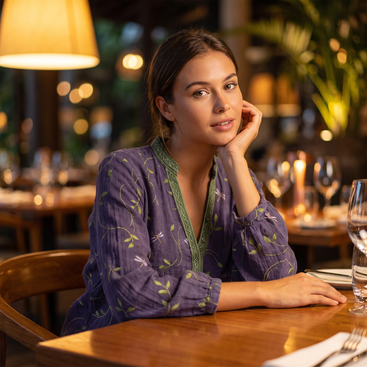 Woman at a restaurant table wearing the Purple embroidered blouse