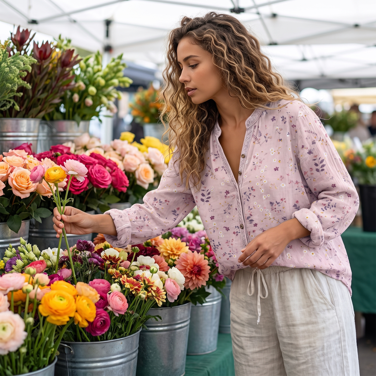 Woman at a flower market wearing the Pink embroidered blouse