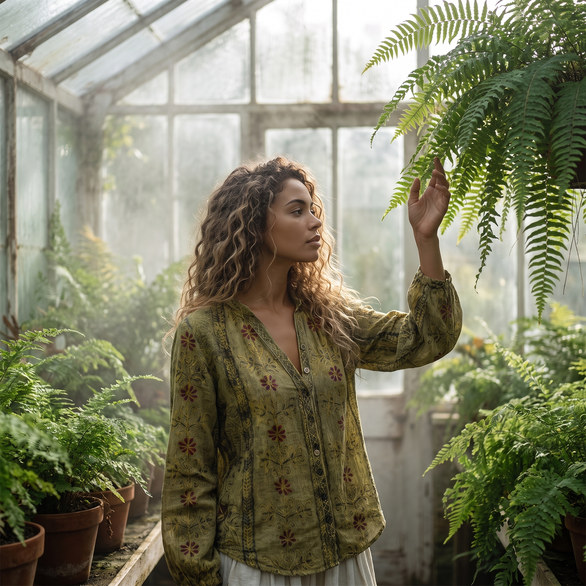Woman in a glasshouse wearing the Green embroidered blouse
