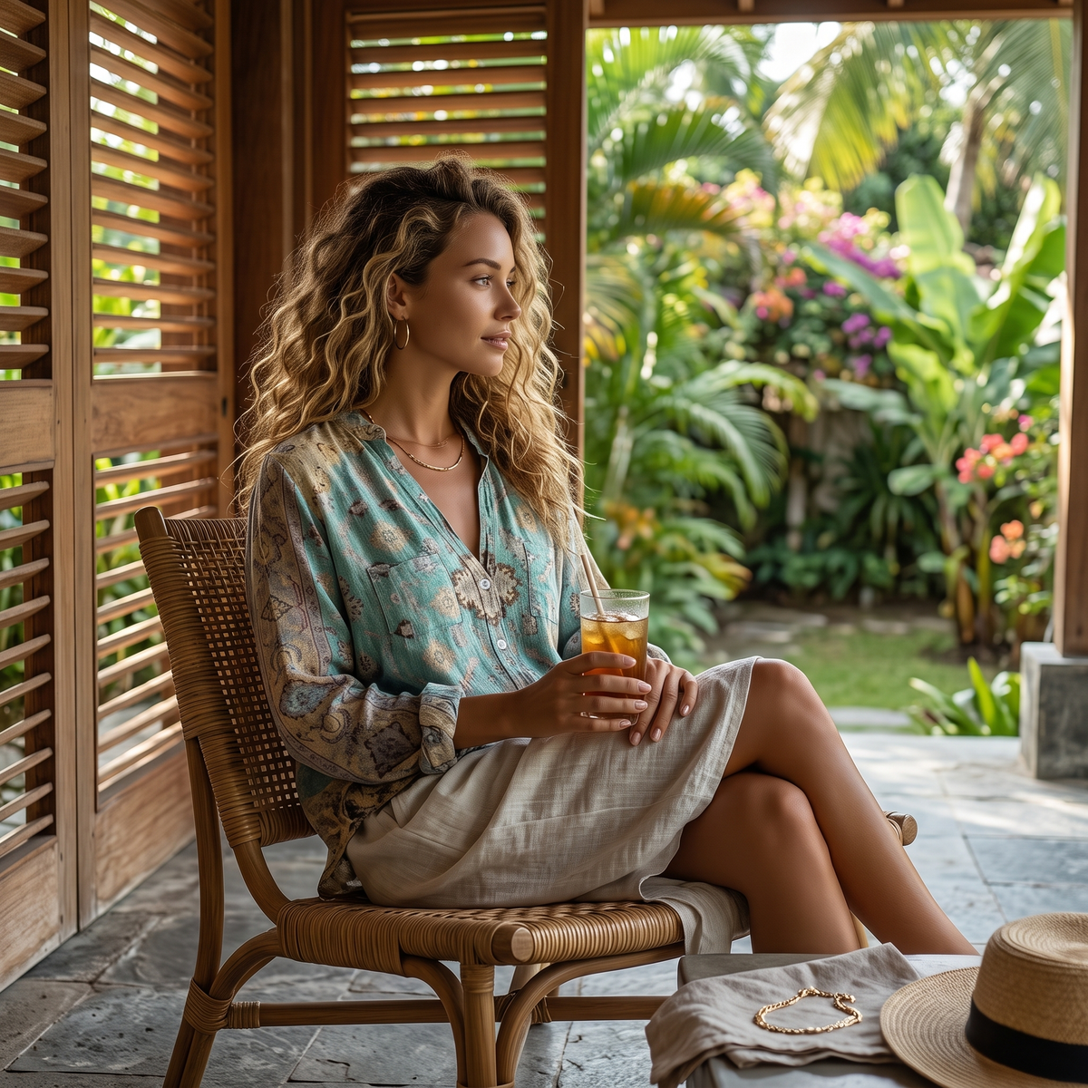 Woman on a shaded veranda wearing the Turquoise embroidered blouse
