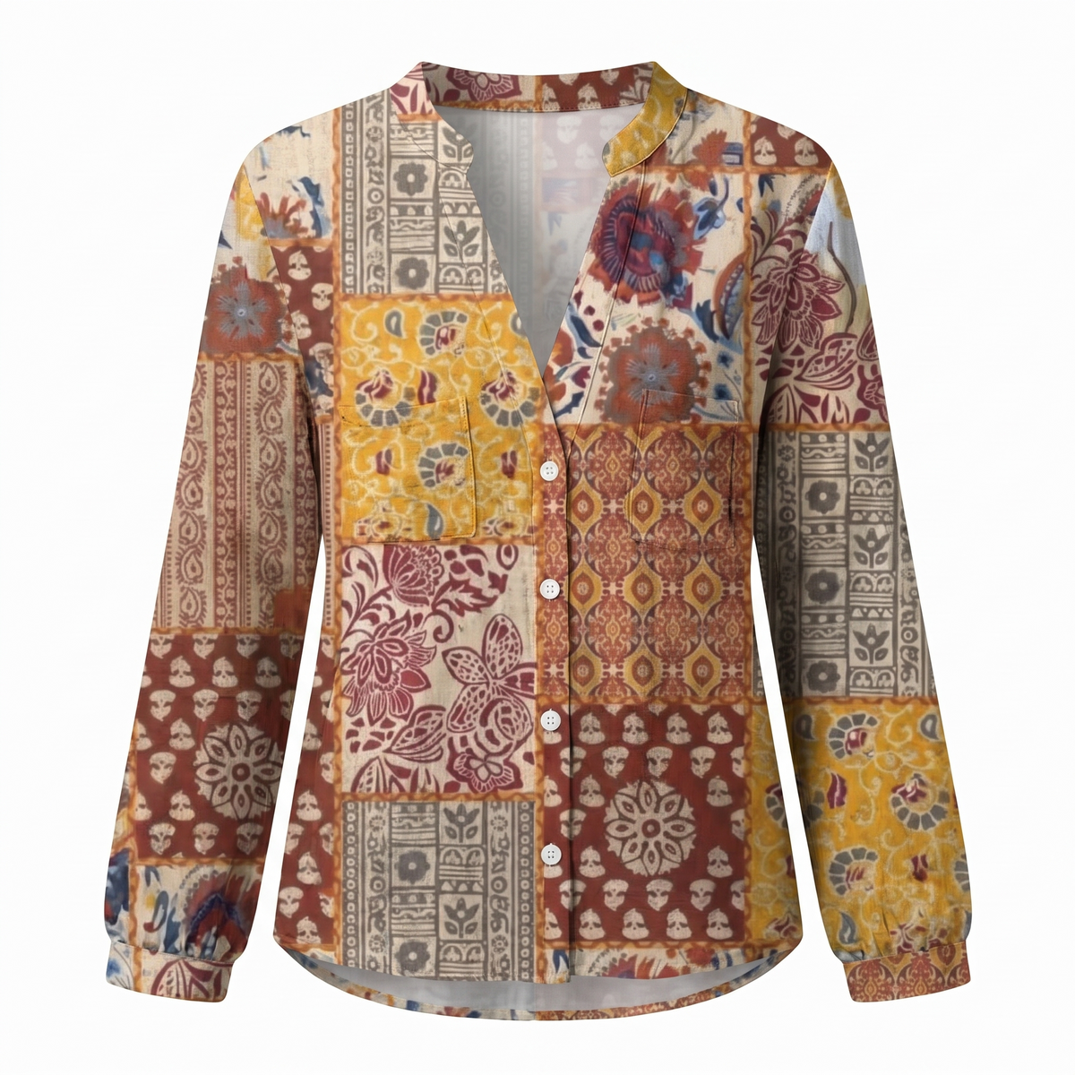Yellow embroidered V-neck blouse, white background