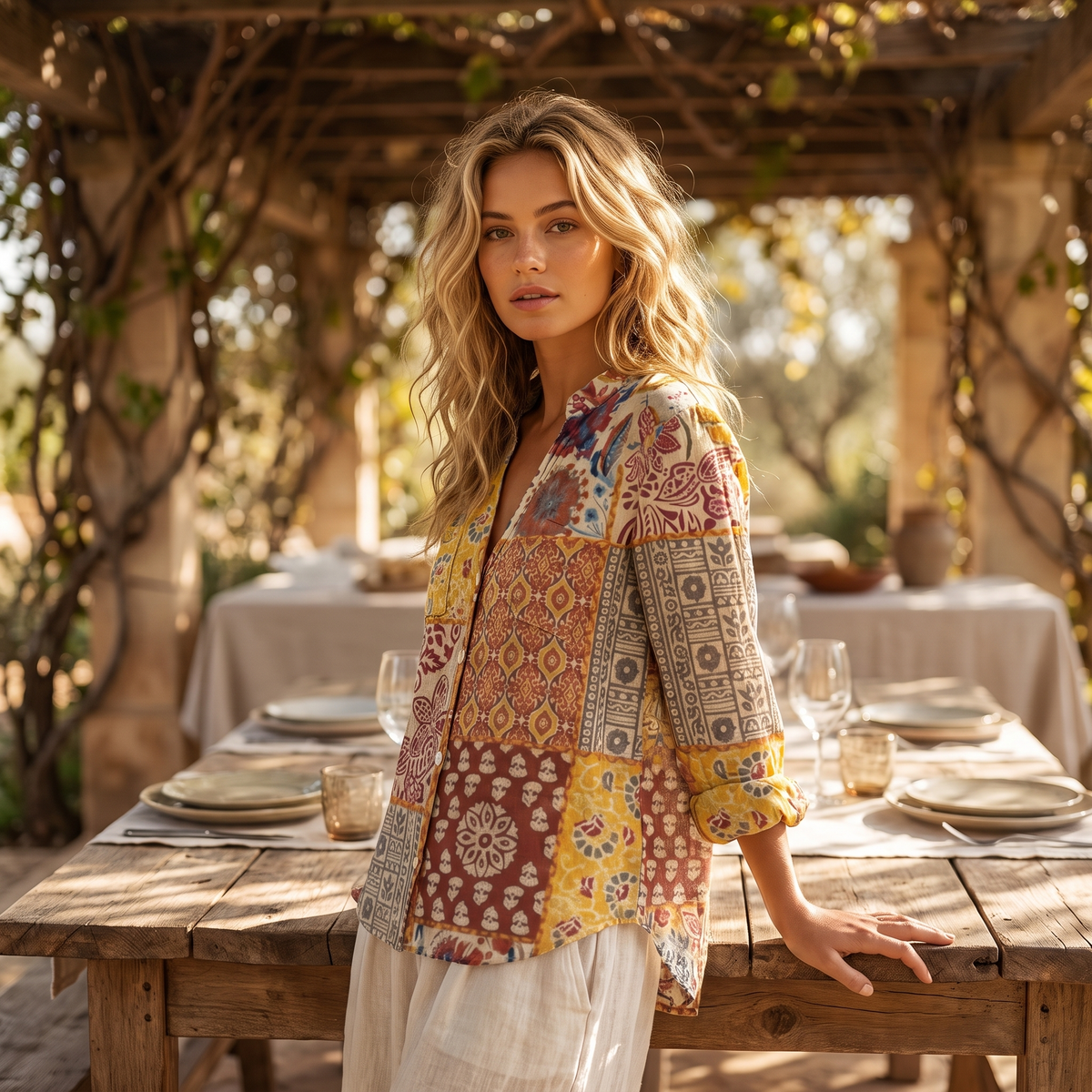Woman at an outdoor lunch table wearing the Yellow embroidered blouse