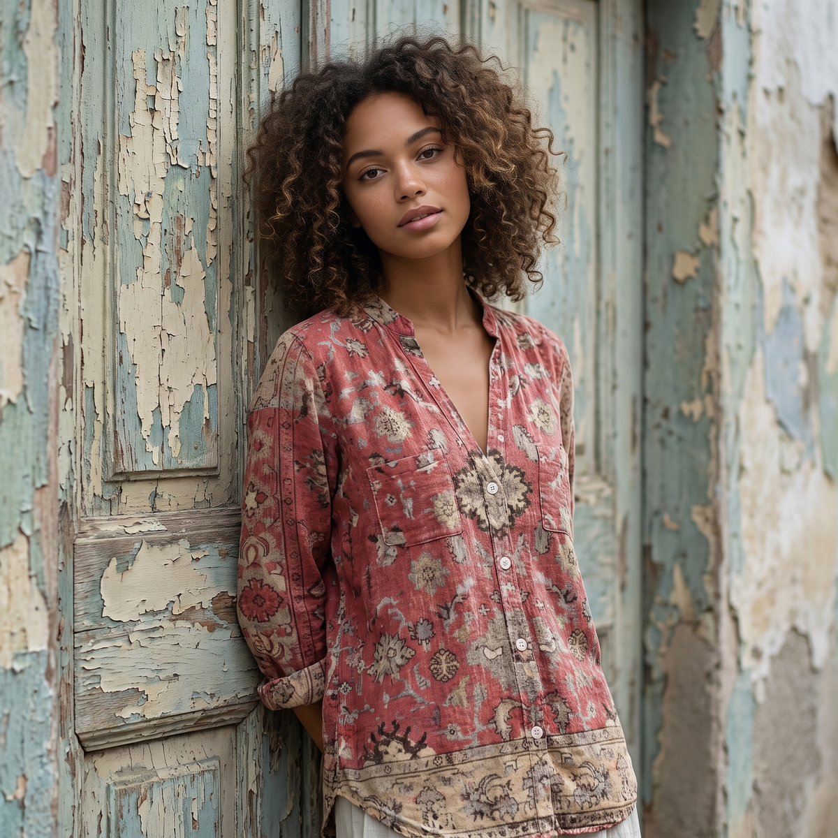 Woman against a painted door wearing the Red embroidered blouse