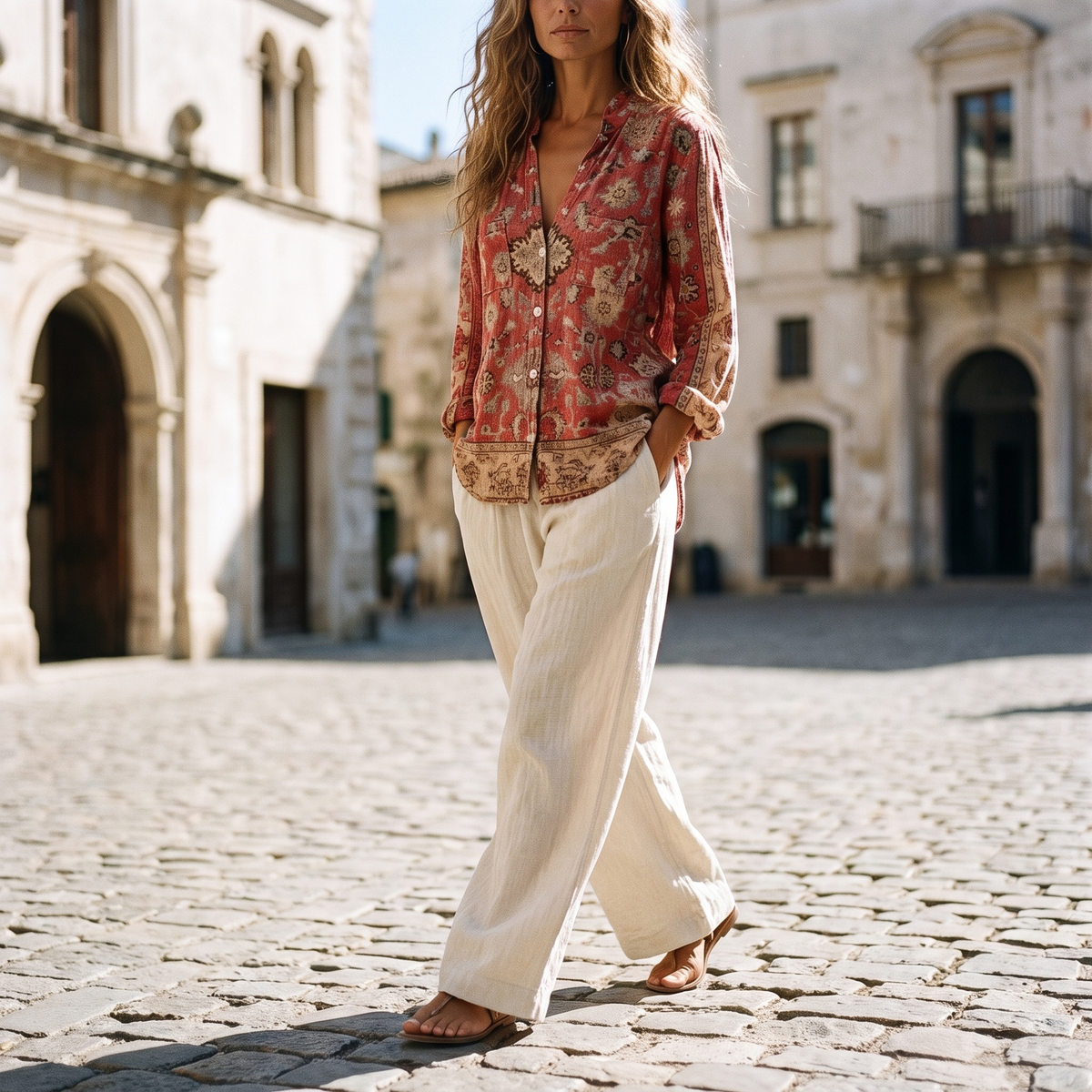 Woman crossing an old-town square wearing the Red embroidered blouse