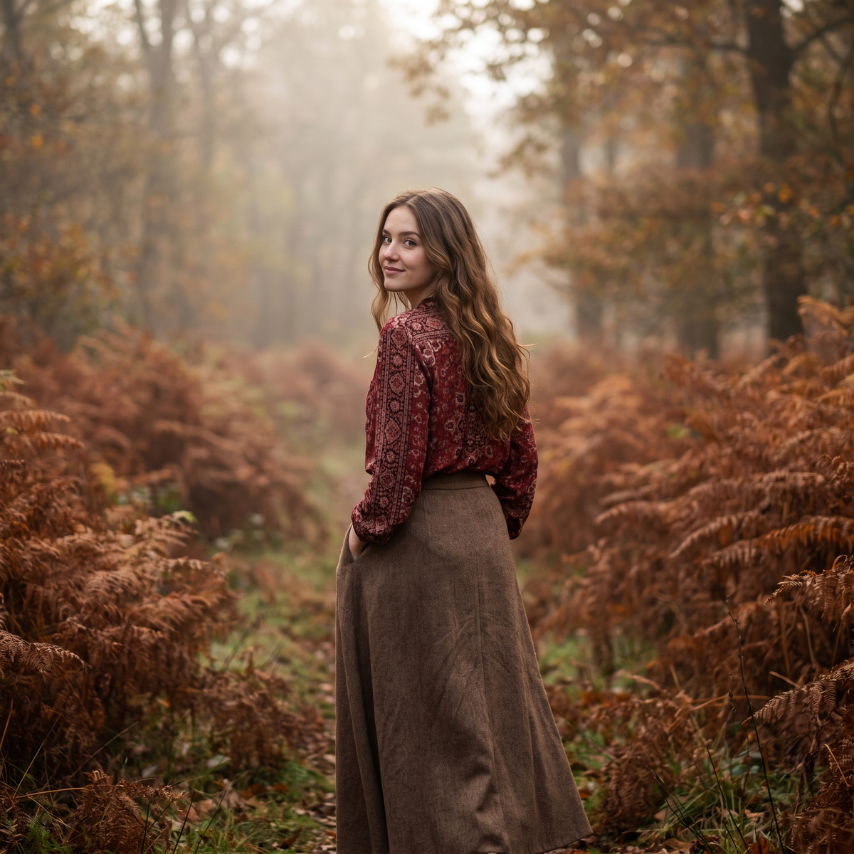 Woman on a woodland trail wearing the Dark Red embroidered blouse