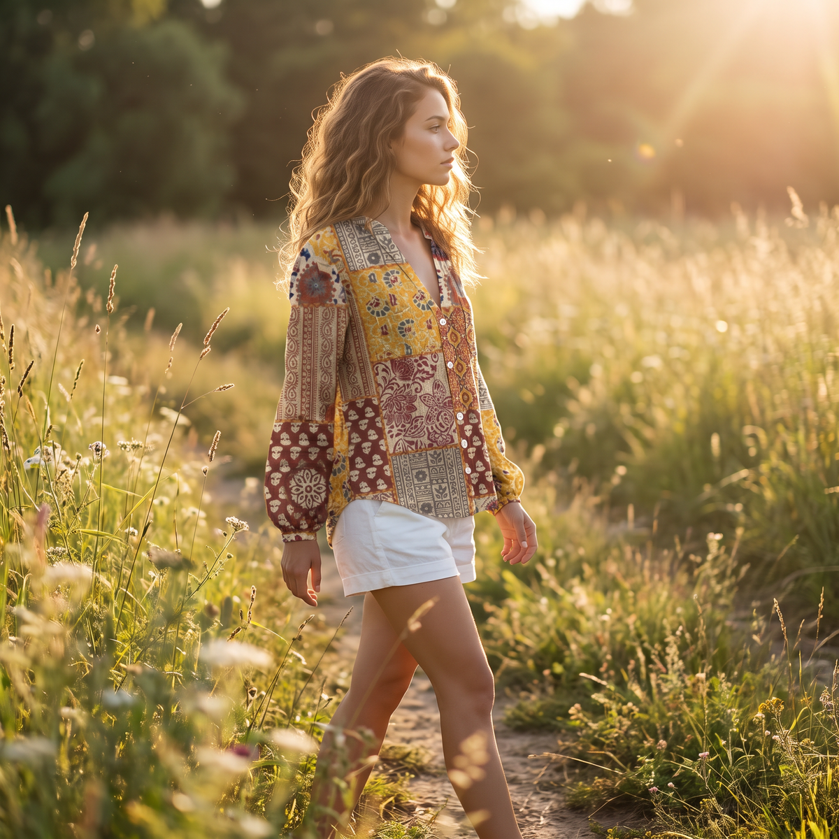 Woman in a summer meadow wearing the Yellow embroidered blouse