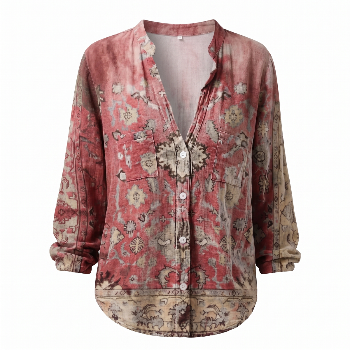 Red embroidered V-neck blouse, white background