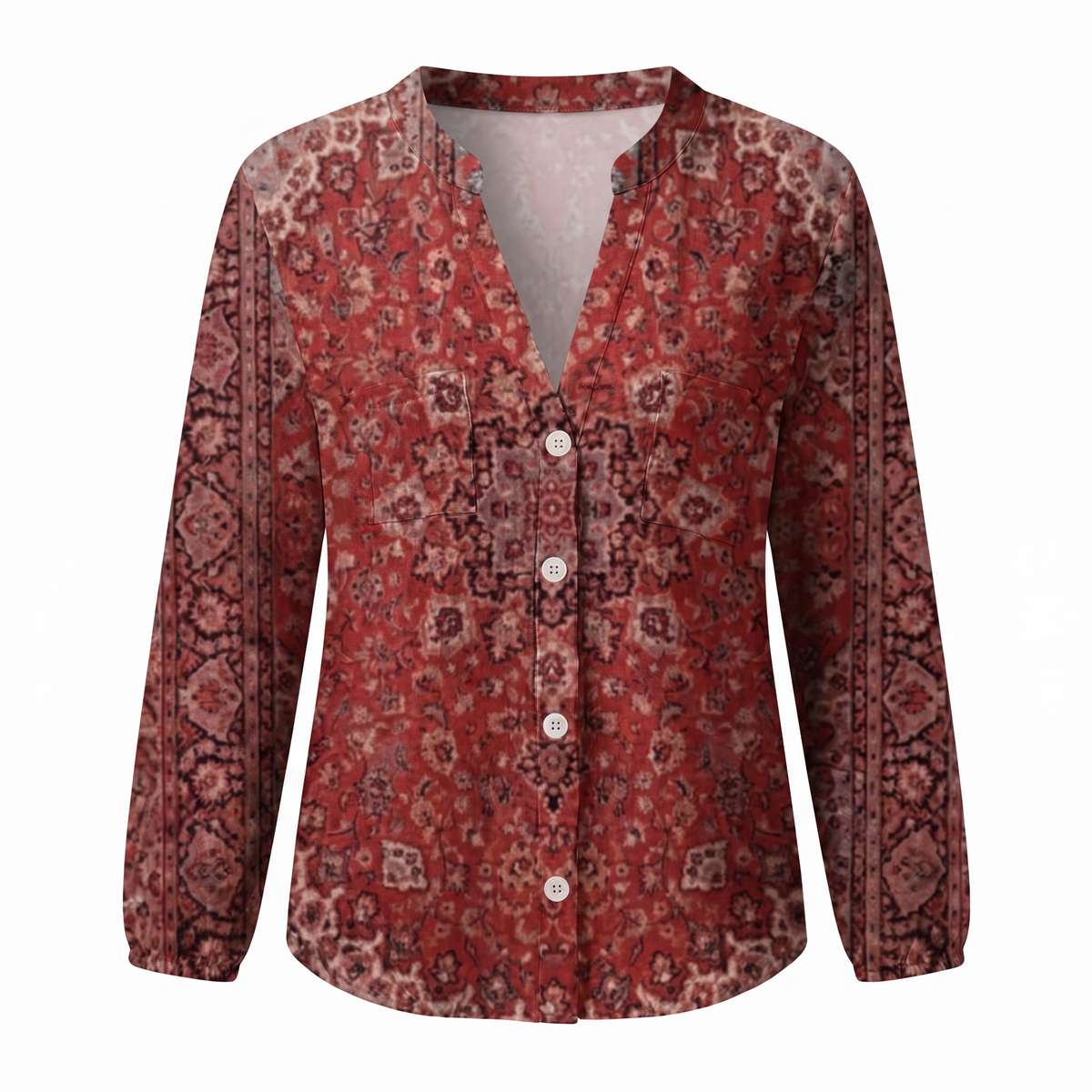Dark Red embroidered V-neck blouse, white background