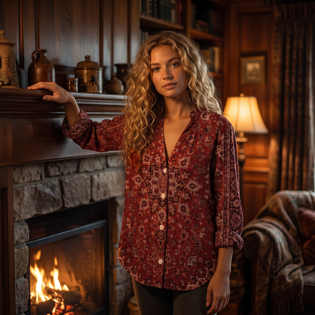 Woman by a fireplace wearing the Dark Red embroidered blouse