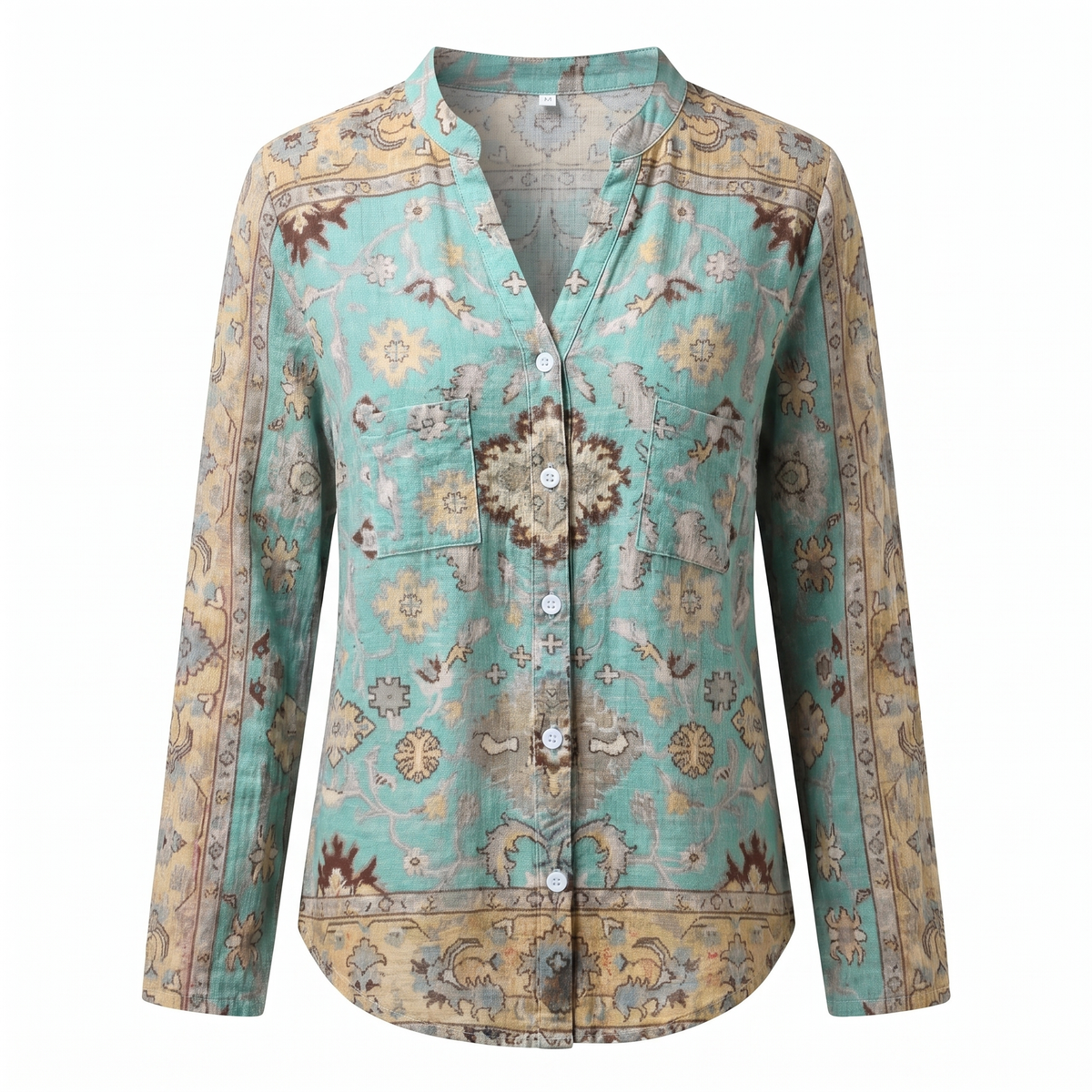 Turquoise embroidered V-neck blouse, white background